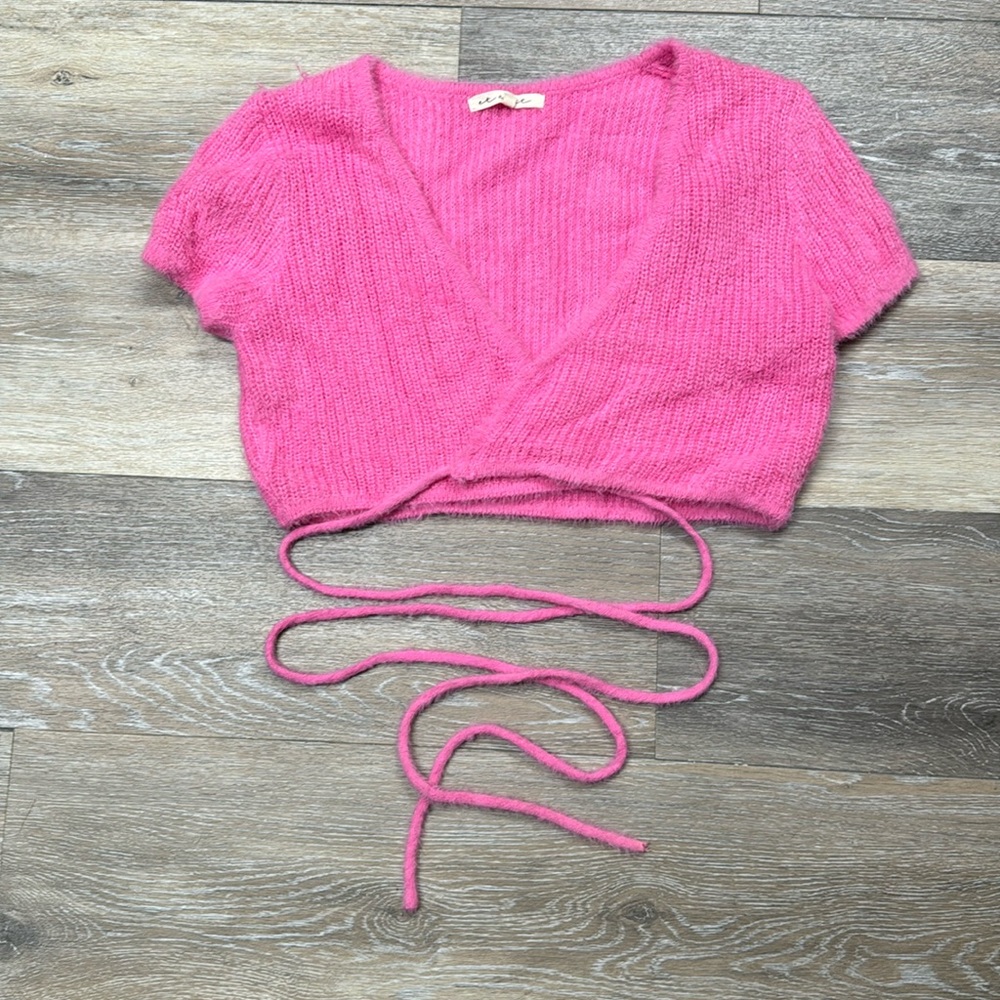 Hot pink fuzzy wrap top with lace up tie